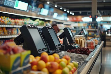 Poster - A cash register in a grocery store filled with a variety of fresh fruits and vegetables. Perfect for illustrating the concept of healthy eating and shopping for fresh produce