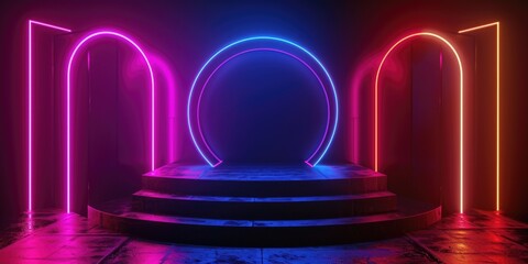 Aufkleber - Neon lights illuminating a set of steps in a dark room. Perfect for adding a modern and vibrant touch to any design project.