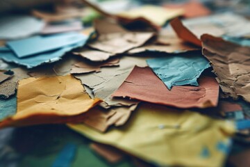 Aufkleber - A close-up view of a pile of torn pieces of paper. Can be used to depict destruction, creativity, or the concept of starting over
