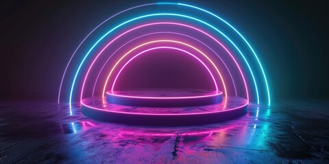 Aufkleber - A picture of a dark room with neon lights illuminating the floor. This image can be used to create a mysterious and atmospheric setting
