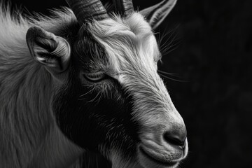 Poster - A black and white photo of a goat. Suitable for various uses