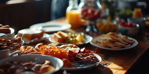 Aufkleber - A wooden table with a variety of delicious food dishes. Perfect for showcasing a meal or food presentation.