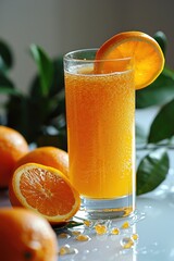 Poster - A refreshing glass of orange juice placed next to a pile of fresh oranges. Perfect for illustrating the concept of a healthy breakfast or a vitamin-rich beverage
