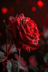 Poster - A beautiful red rose with glistening water droplets. Perfect for adding a touch of elegance and romance to any project