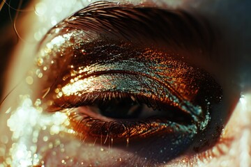 Poster - A close-up view of a person's eye with sparkling glitter. Perfect for adding a touch of glamour and sparkle to any project