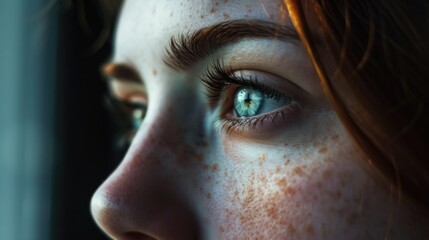 Poster - A close up shot of a woman's face with beautiful freckles. This image can be used in various contexts, such as skincare, natural beauty, or diversity