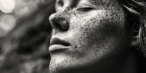 Sticker - A black and white photo of a woman with freckles. Suitable for various artistic projects