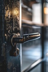 Poster - A detailed view of a metal door handle. This image can be used to showcase modern design, security, or home improvement themes
