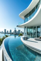 Poster - A large swimming pool with a breathtaking view of the city. Perfect for luxury resorts, travel brochures, and cityscape advertisements