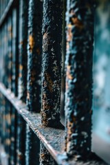 Poster - A detailed close-up shot of a metal fence with rust. Perfect for adding a gritty texture to your designs or illustrating decay and abandonment