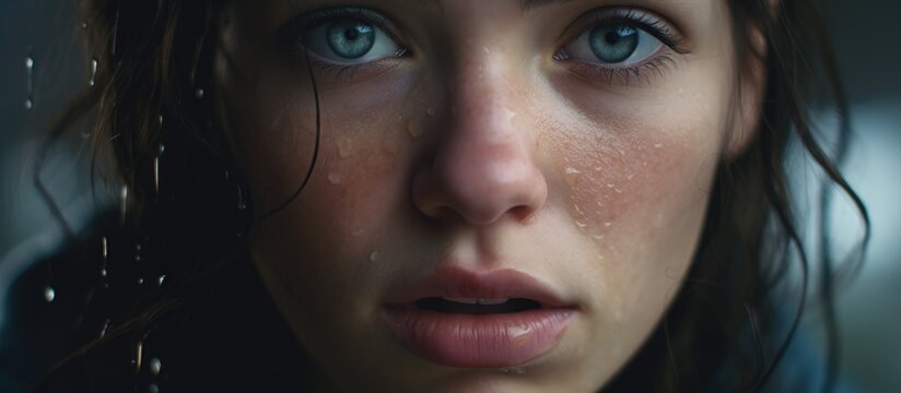 Teary-eyed young woman captured in a closeup photo.