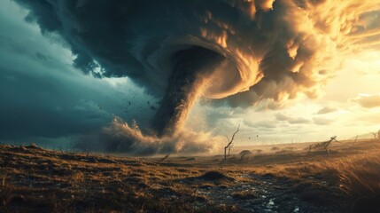 Poster - A massive tornado cloud emerging from a wide open field. Perfect for weather-related articles or disaster preparedness materials