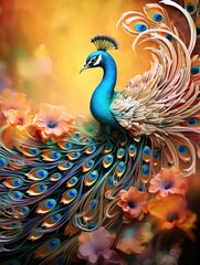 Wall Mural - A beautiful colourful peacock among the flowers in the garden