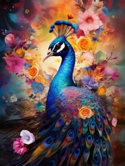 Wall Mural - A beautiful colourful peacock among the flowers in the garden