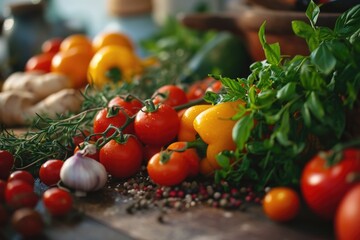 Poster - A variety of vegetables arranged on a table. Perfect for cooking and healthy eating concepts