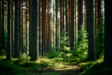 Fototapeta Las - A thick coniferous forest reveals tightly packed vertical spaces amidst the evergreen tree trunks.