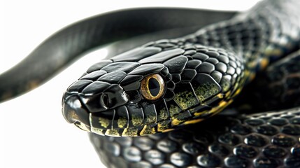 Poster - A close-up view of a snake's head on a plain white background. This image can be used for educational purposes or to depict the beauty and detail of reptiles