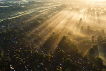 Aufkleber - An aerial view of a city with a lush green landscape filled with trees. This image captures the beautiful combination of urban development and nature.