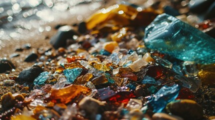 A pile of broken glass sitting on top of a sandy beach. Ideal for illustrating the impact of pollution on the environment.