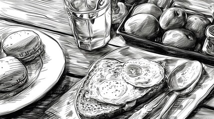 Poster - A simple drawing of a plate filled with eggs and bread. Perfect for illustrating a delicious breakfast or brunch.