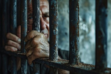 Poster - Close up shot of a person behind bars. Can be used to depict imprisonment, confinement, or the criminal justice system
