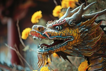 Poster - A detailed close-up of a majestic dragon statue. Perfect for fantasy enthusiasts and themed events