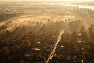 Poster - A captivating aerial view of a city covered in a mysterious fog. Perfect for adding an atmospheric touch to any project or design