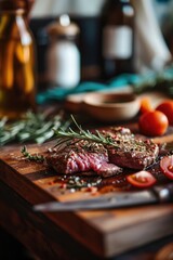 Poster - A delicious steak served on a cutting board with fresh tomatoes and fragrant herbs. Perfect for food-related designs and culinary themes