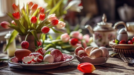 Poster - A wooden table adorned with plates of delicious food and beautiful flowers. Perfect for showcasing a rustic and elegant dining experience