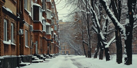 Poster - A snowy street with parked cars and trees. This image can be used to depict a winter landscape or a peaceful winter scene