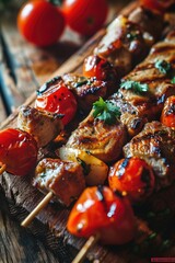 Poster - A wooden cutting board with a variety of fresh meat and vegetables. This image can be used to showcase cooking, food preparation, healthy eating, or recipe concepts