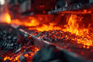 Aufkleber - A close-up view of a fire blazing in a factory. This image captures the intensity and danger of the fire. Perfect for illustrating industrial accidents or emergency situations