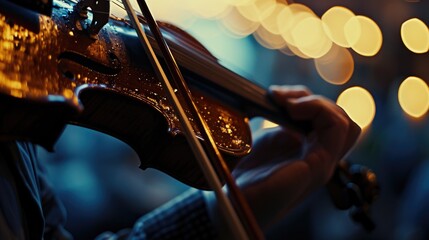 Poster - A close-up view of a person playing a violin. This image can be used to depict musicians, music, classical concerts, or the beauty of playing a musical instrument