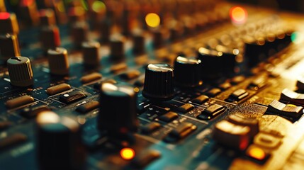 Poster - A detailed view of a sound board in a recording studio. Perfect for illustrating the technical aspects of audio production.