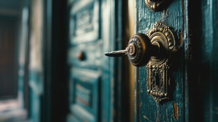 Poster - A close up view of a door handle on a green door. This image can be used to depict concepts such as home security, entrance, or interior design
