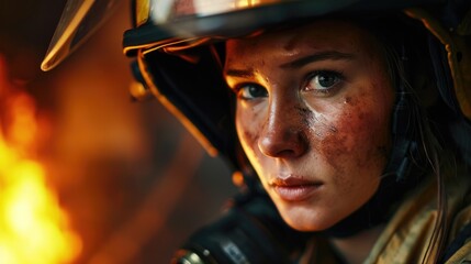 Poster - A woman wearing a firefighter's helmet stands in front of a blazing fire. This image can be used to represent bravery, emergency response, and firefighting