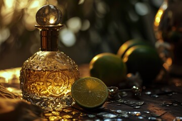 Poster - A close-up view of an alcohol bottle with a lime placed on a table. Suitable for food and beverage related projects