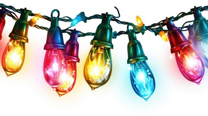 Poster - String of multicolored Christmas lights on a white background. Perfect for adding festive charm to holiday decorations or creating a warm and joyful atmosphere