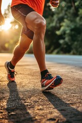 Poster - A man is captured in motion as he runs on a road at sunset. This image can be used to depict fitness, active lifestyle, determination, or adventure
