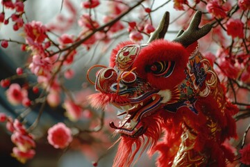 Poster - A red dragon is hanging from a tree. This image can be used to depict fantasy or mythical creatures in a natural setting