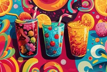 A painting featuring three glasses of drinks on a vibrant and colorful background. Perfect for adding a pop of color to any design or project
