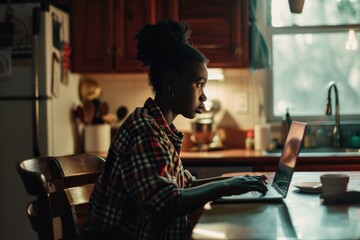 Poster - A woman is sitting at a kitchen table, using a laptop computer. This image can be used to represent technology, remote work, online communication, or digital lifestyle