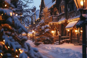 Canvas Print - A picturesque snowy street adorned with beautifully lit Christmas trees. Perfect for holiday-themed designs and festive decorations