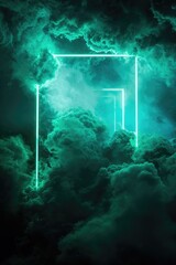 Poster - A green neon frame is illuminated in the middle of a dark cloud-filled sky. This image can be used to add a futuristic or dramatic touch to various design projects