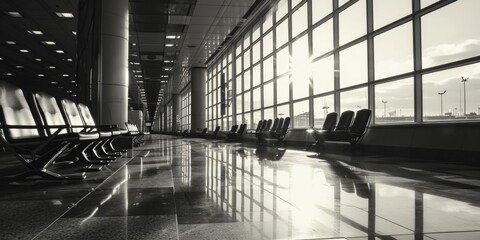 Poster - Black and white photo of chairs in an airport terminal. Suitable for travel-related articles and blog posts