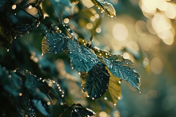 Poster - Water droplets glisten on the surface of vibrant green leaves. Perfect for nature or gardening themes