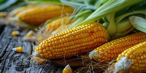 Poster - A bunch of corn on a wooden table. Suitable for food and agriculture-related projects