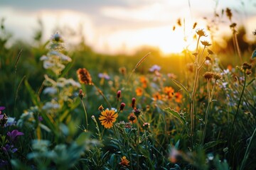 Poster - A beautiful field of wildflowers with the sun setting in the background. Perfect for nature and landscape enthusiasts