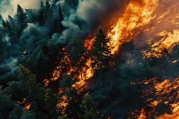 Poster - A large fire burning through a forest. Can be used to illustrate the destructive power of wildfires