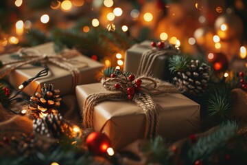 Aufkleber - A bunch of presents wrapped in brown paper and tied with twine. Perfect for any occasion
